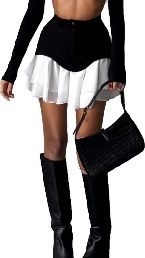 Ecirod Womens Summer Color Block Tiered Layer A Line Pleated Mini Skirt High Waisted Ruffle Hem Y2k Jean Short Skirts