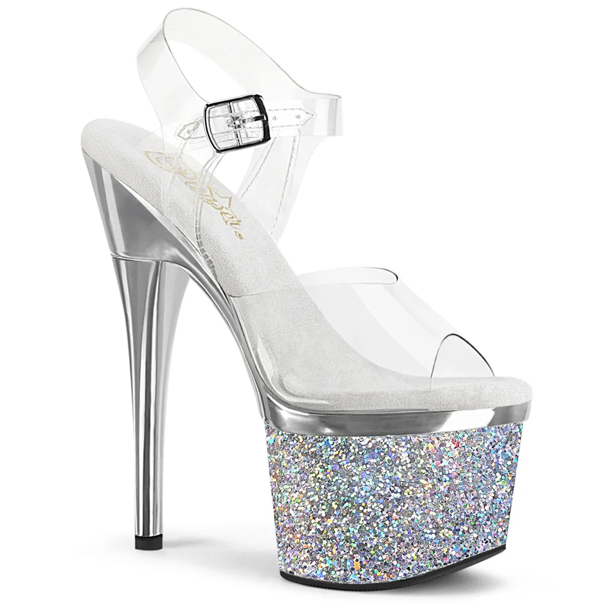 ESTEEM-708CHLG Pleaser Clear/Silver Chrome-Multi Glitter Sexy Platform Shoes (Pole Dancing Heels)