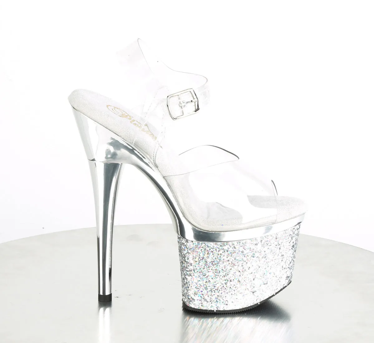 ESTEEM-708CHLG Pleaser Clear/Silver Chrome-Multi Glitter Sexy Platform Shoes (Pole Dancing Heels)