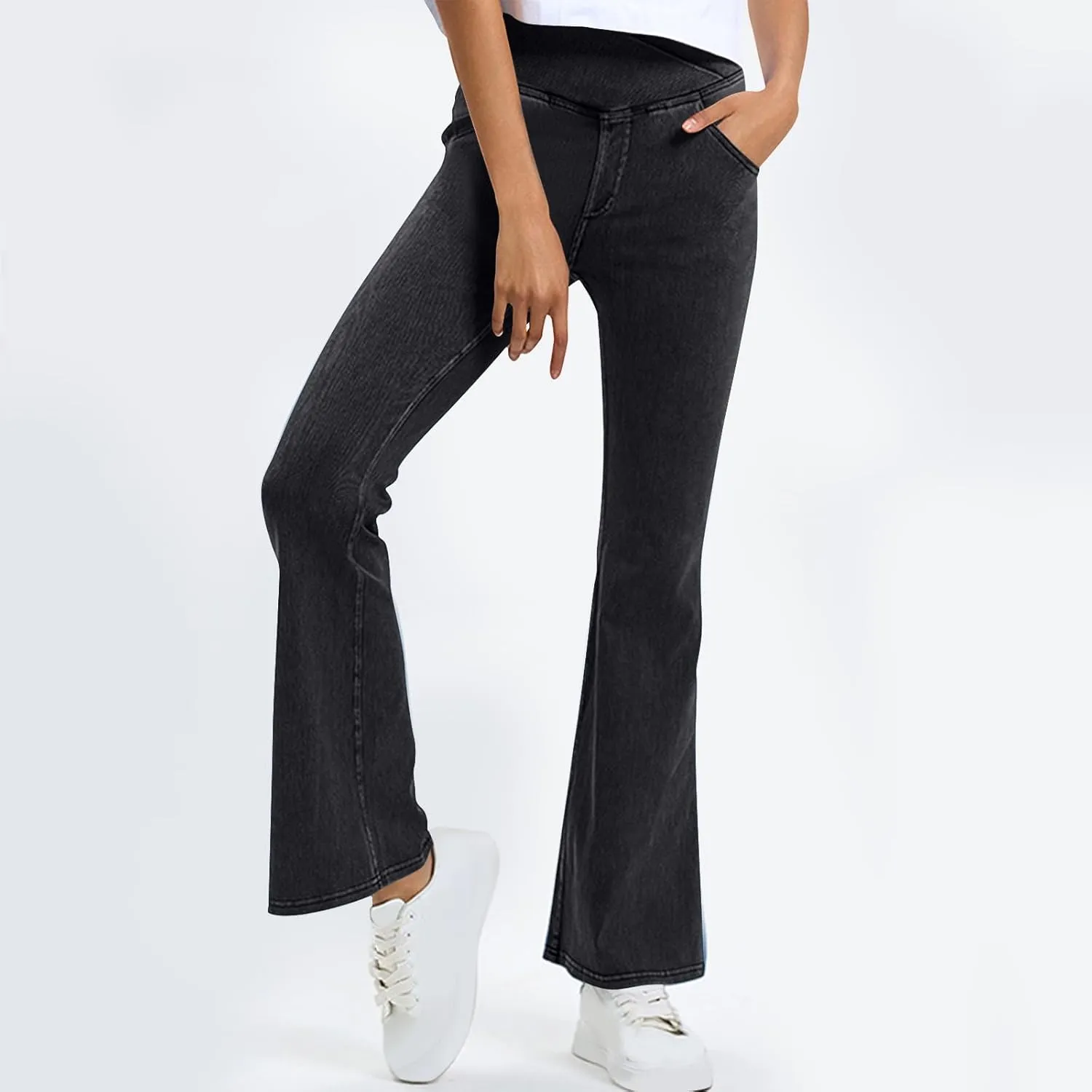 Flare Jeans for Women Ladies High Waist Bell Bottom Pants Trendy Stretch Yoga Flare Leggings with Pockets