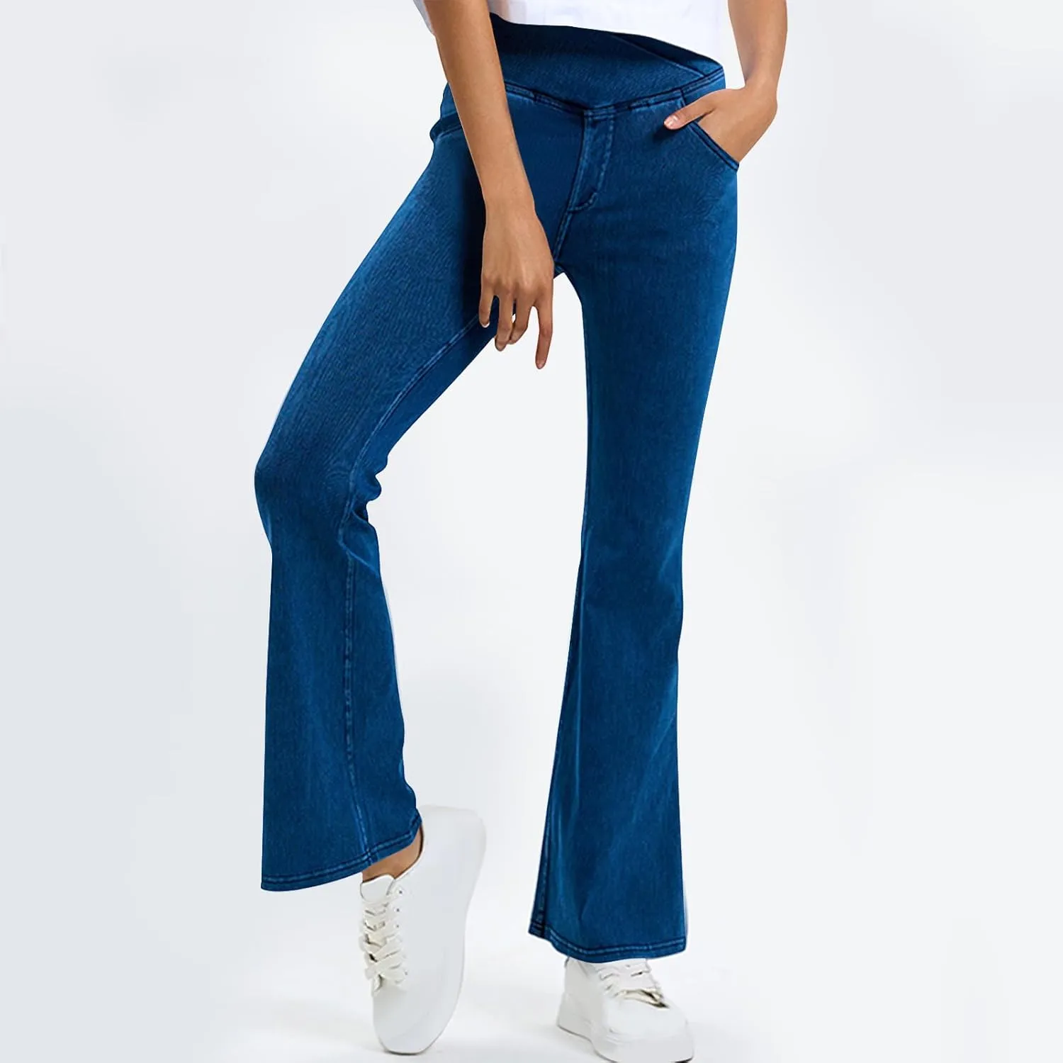 Flare Jeans for Women Ladies High Waist Bell Bottom Pants Trendy Stretch Yoga Flare Leggings with Pockets