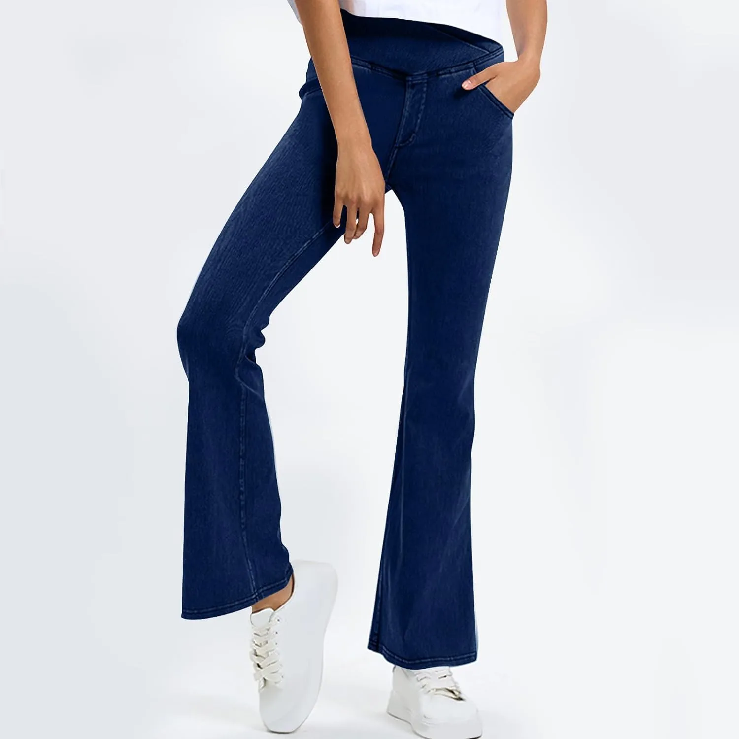 Flare Jeans for Women Ladies High Waist Bell Bottom Pants Trendy Stretch Yoga Flare Leggings with Pockets