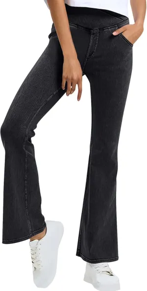 Flare Jeans for Women Ladies High Waist Bell Bottom Pants Trendy Stretch Yoga Flare Leggings with Pockets