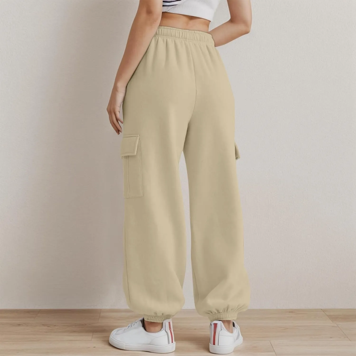 Fleece Cargo Sweatpants for Women Stretch High Waisted Joggers with Pockets Baggy Soft Cinch Bottom Athletic Pants