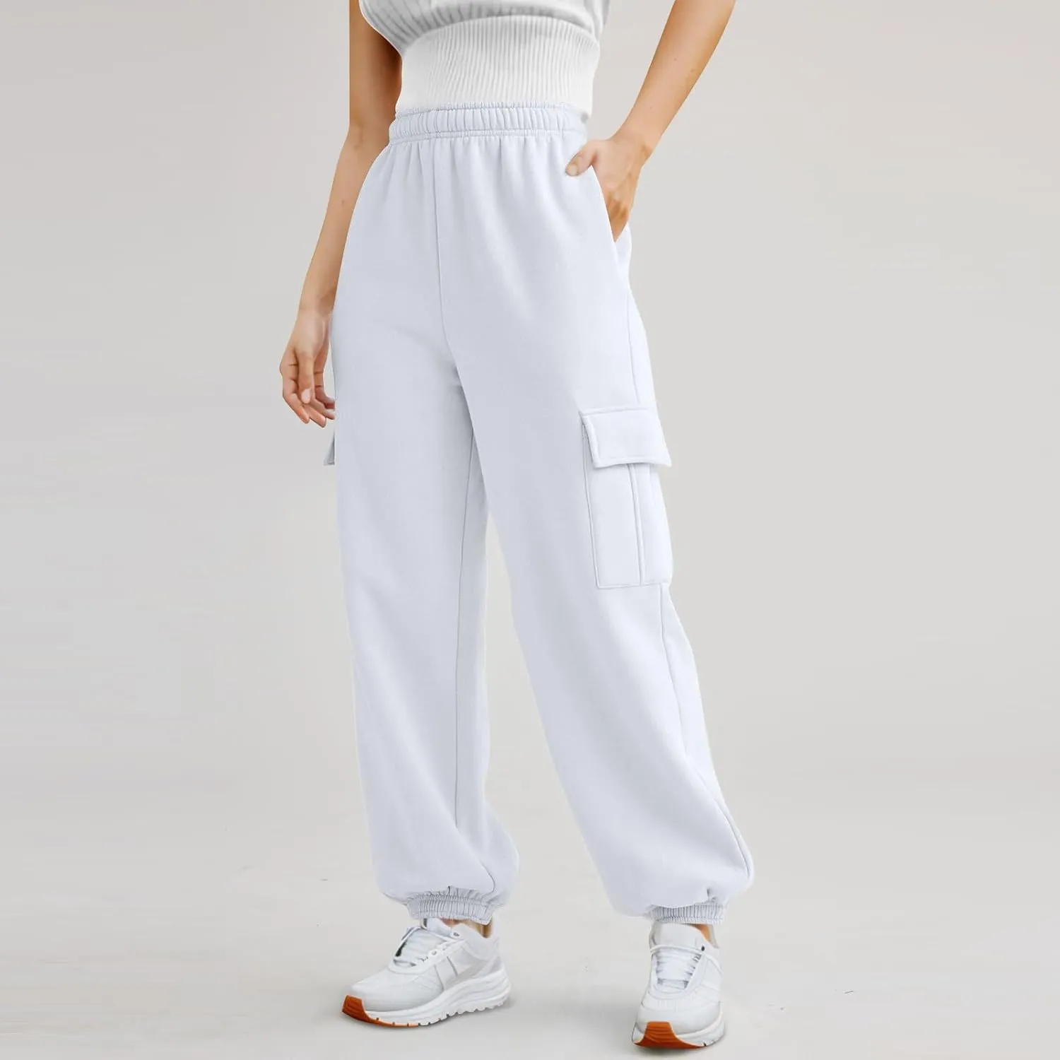 Fleece Cargo Sweatpants for Women Stretch High Waisted Joggers with Pockets Baggy Soft Cinch Bottom Athletic Pants