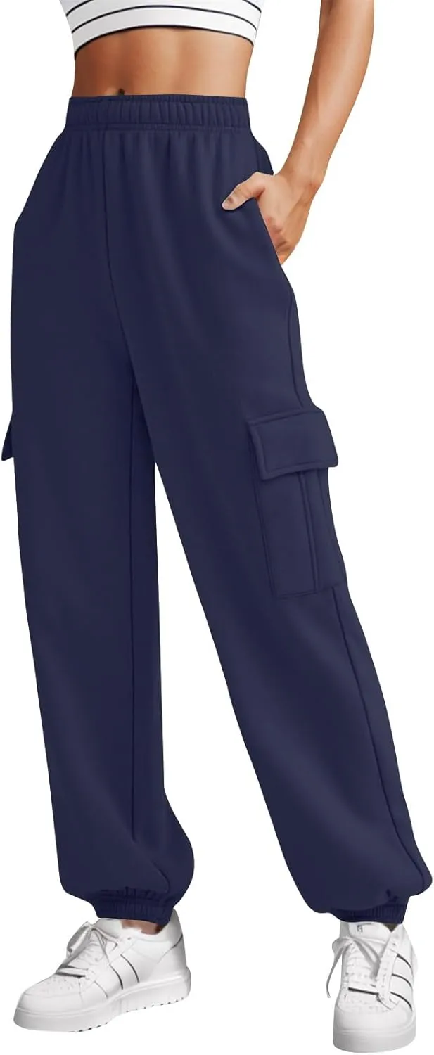 Fleece Cargo Sweatpants for Women Stretch High Waisted Joggers with Pockets Baggy Soft Cinch Bottom Athletic Pants