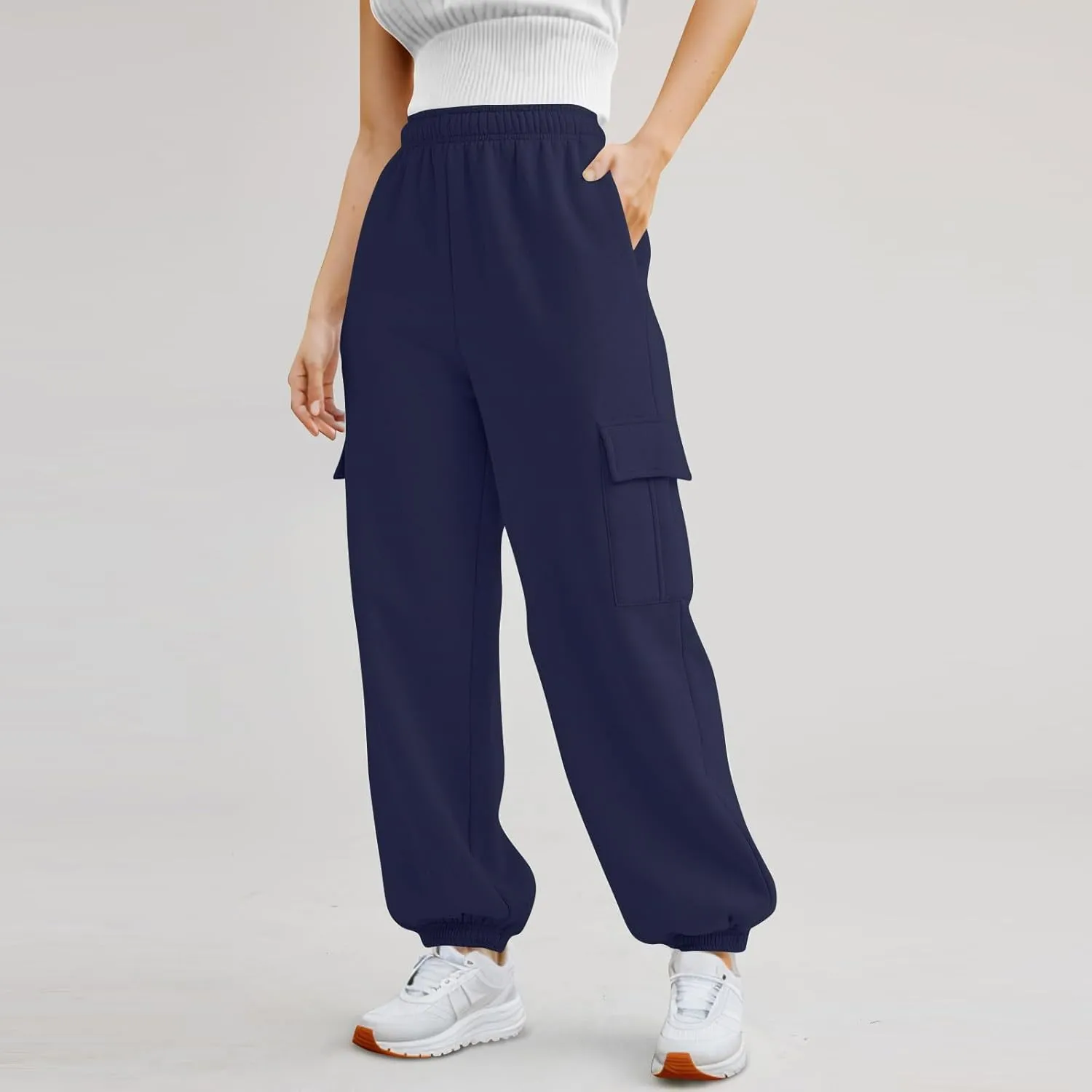 Fleece Cargo Sweatpants for Women Stretch High Waisted Joggers with Pockets Baggy Soft Cinch Bottom Athletic Pants