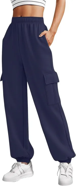 Fleece Cargo Sweatpants for Women Stretch High Waisted Joggers with Pockets Baggy Soft Cinch Bottom Athletic Pants