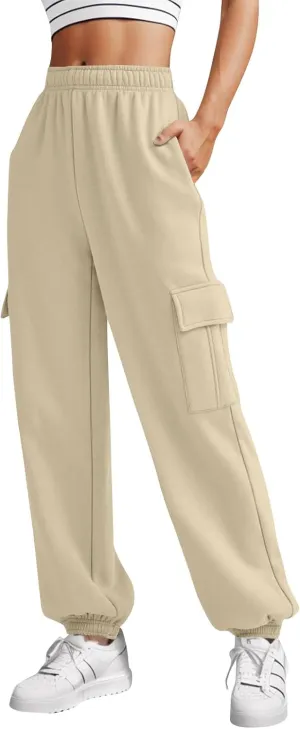 Fleece Cargo Sweatpants for Women Stretch High Waisted Joggers with Pockets Baggy Soft Cinch Bottom Athletic Pants