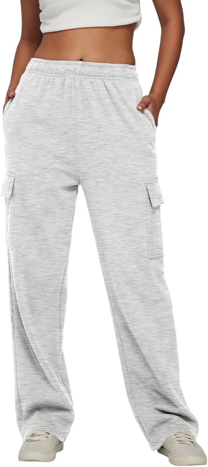 Fleece Cargo Sweatpants for Women Stretch High Waisted Joggers with Pockets Baggy Soft Cinch Bottom Athletic Pants