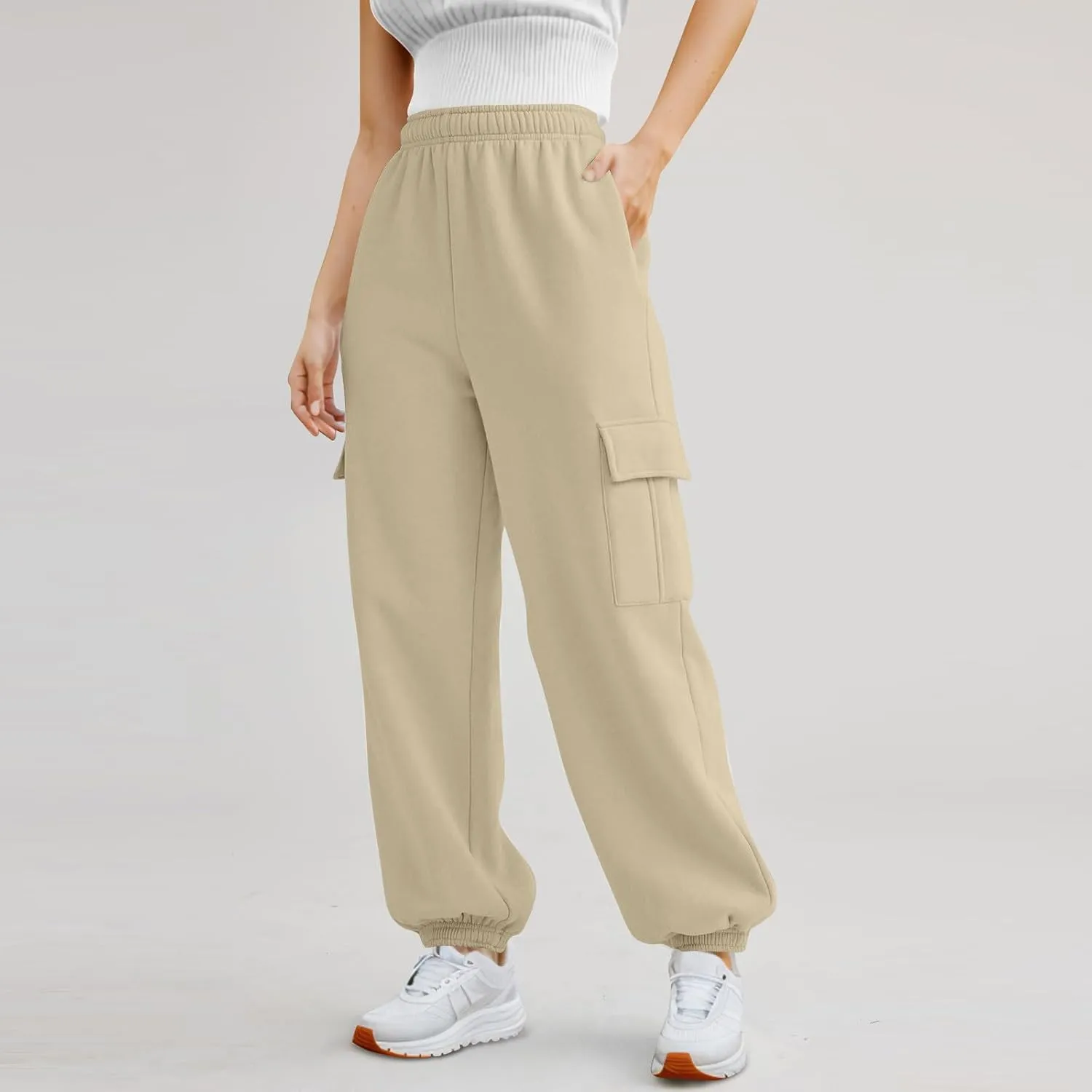 Fleece Cargo Sweatpants for Women Stretch High Waisted Joggers with Pockets Baggy Soft Cinch Bottom Athletic Pants