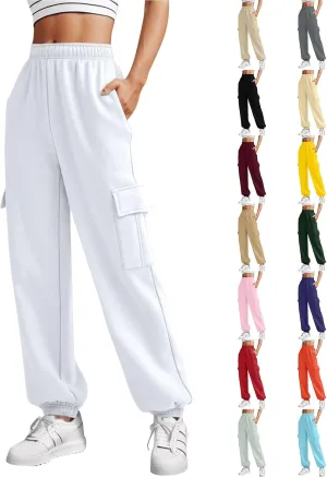 Fleece Cargo Sweatpants for Women Stretch High Waisted Joggers with Pockets Baggy Soft Cinch Bottom Athletic Pants