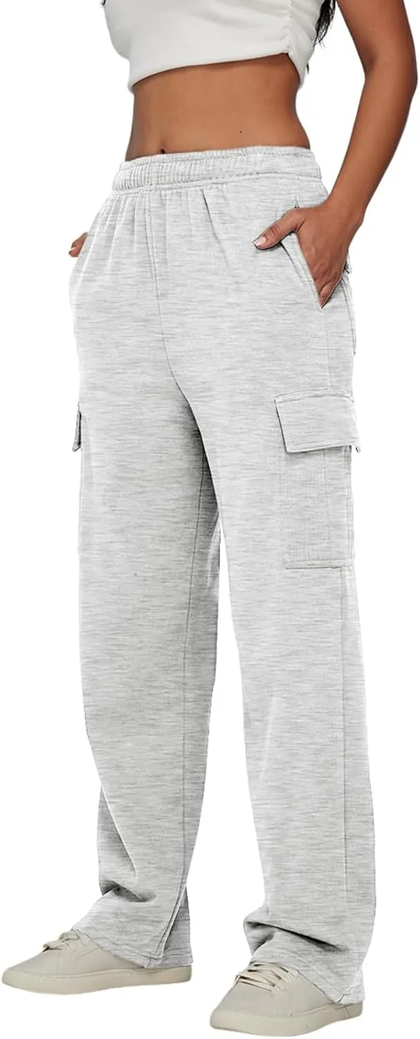 Fleece Cargo Sweatpants for Women Stretch High Waisted Joggers with Pockets Baggy Soft Cinch Bottom Athletic Pants