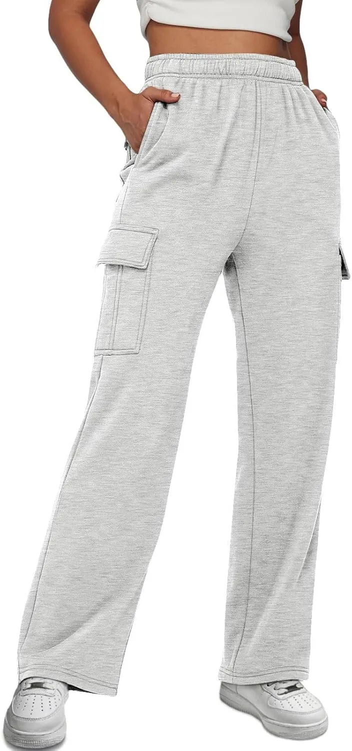 Fleece Cargo Sweatpants for Women Stretch High Waisted Joggers with Pockets Baggy Soft Cinch Bottom Athletic Pants