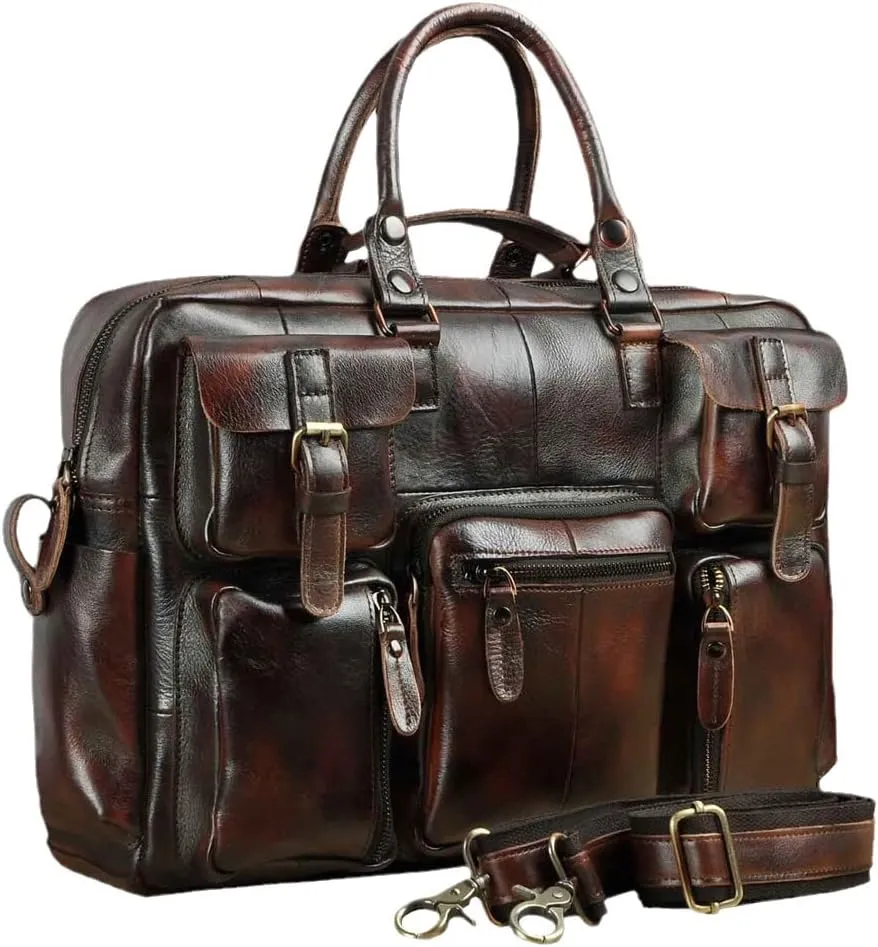 Haitpant Men Real Leather Vintage Large Capacity Travel Briefcase Business 15.6" Laptop Case Attache Messenger Bag