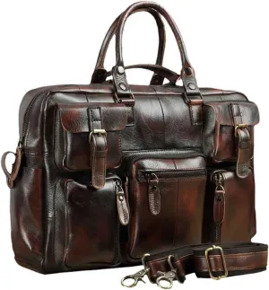 Haitpant Men Real Leather Vintage Large Capacity Travel Briefcase Business 15.6" Laptop Case Attache Messenger Bag