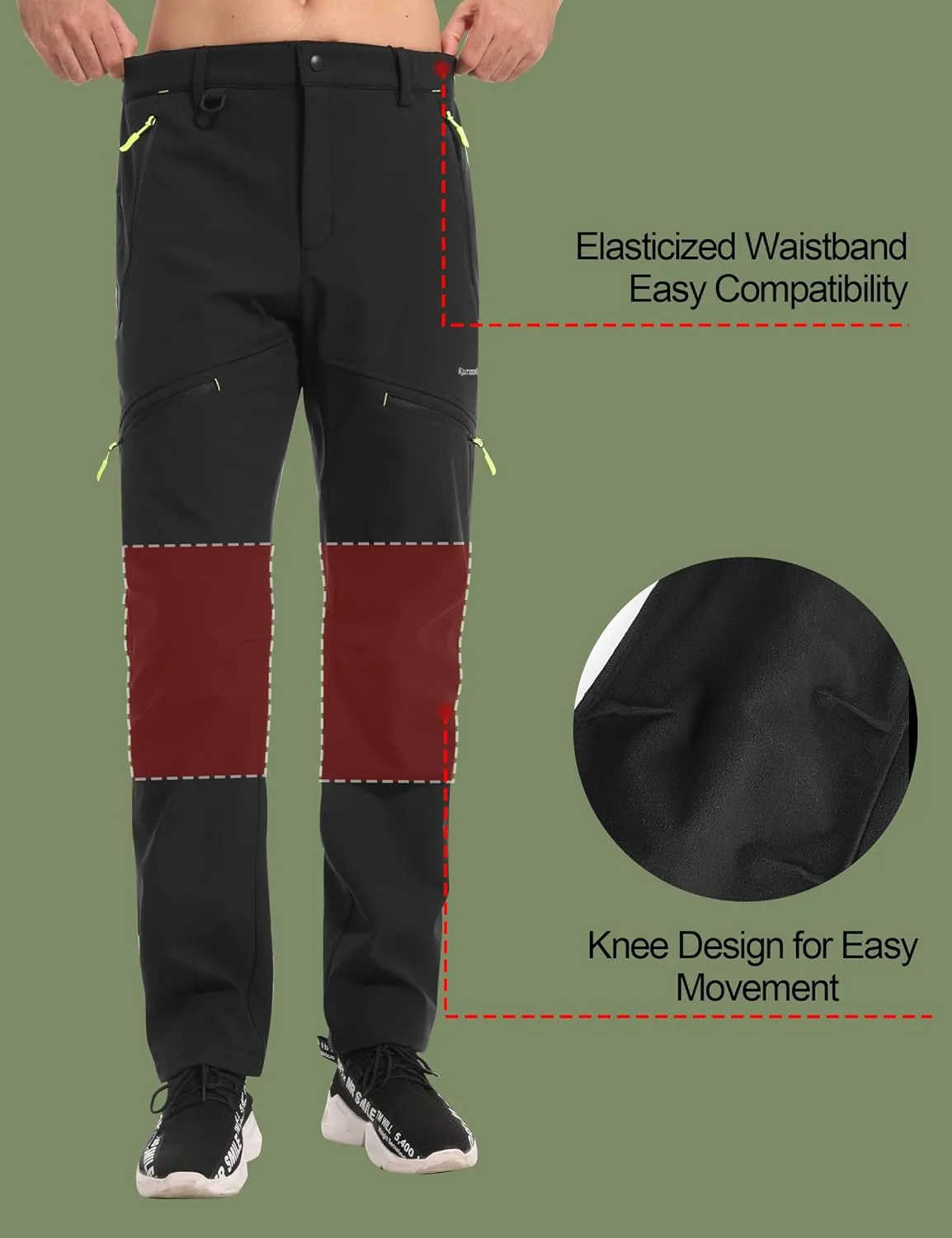KUTOOK Men's Fleece Lined Softshell Pants Winter Warm Waterproof Windproof Hiking Running Workout with Zipper Pockets S-3XL