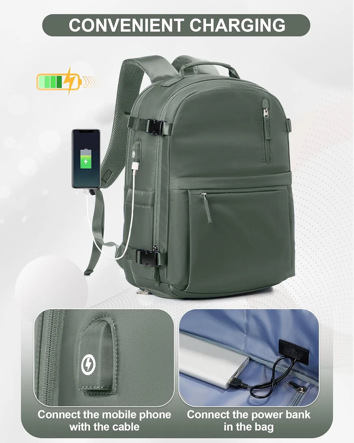 Large Travel Backpack for Women Men Waterproof Luggage Backpack Utility Backpack with USB Charging Port & Shoe Pouch Airline Approved Personal Item Travel Bag Mochila de Viaje(Green)