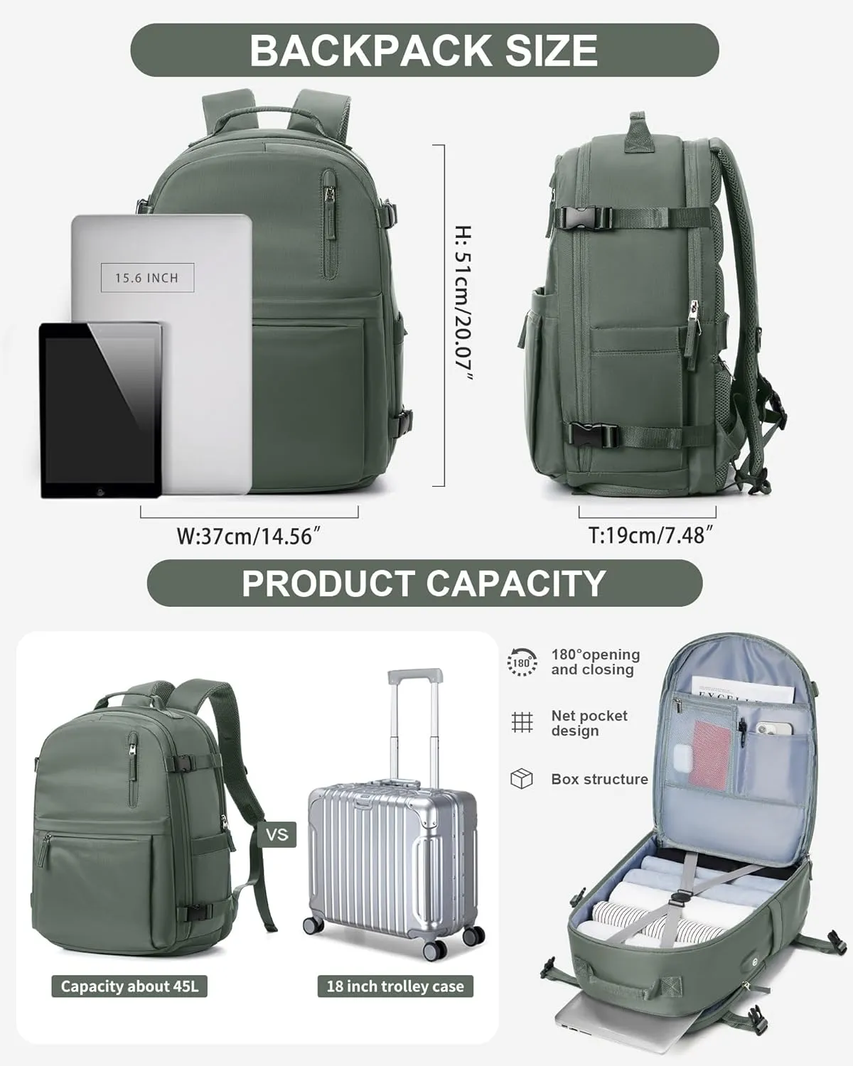 Large Travel Backpack for Women Men Waterproof Luggage Backpack Utility Backpack with USB Charging Port & Shoe Pouch Airline Approved Personal Item Travel Bag Mochila de Viaje(Green)