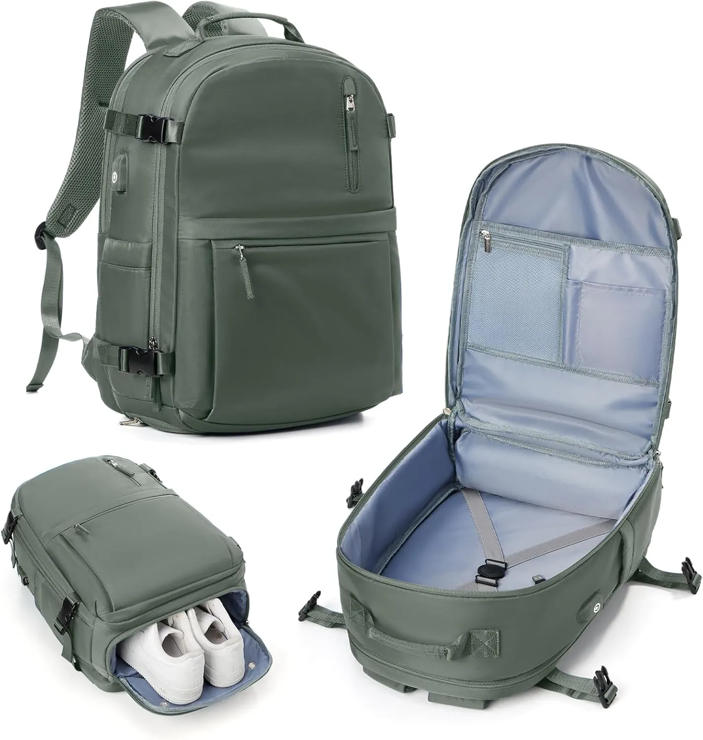 Large Travel Backpack for Women Men Waterproof Luggage Backpack Utility Backpack with USB Charging Port & Shoe Pouch Airline Approved Personal Item Travel Bag Mochila de Viaje(Green)