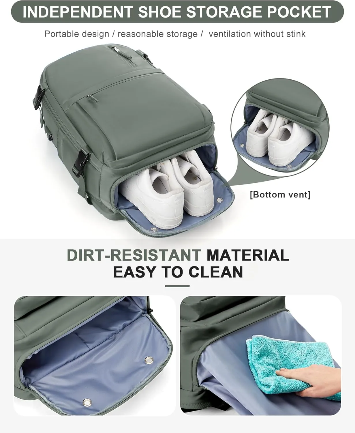 Large Travel Backpack for Women Men Waterproof Luggage Backpack Utility Backpack with USB Charging Port & Shoe Pouch Airline Approved Personal Item Travel Bag Mochila de Viaje(Green)