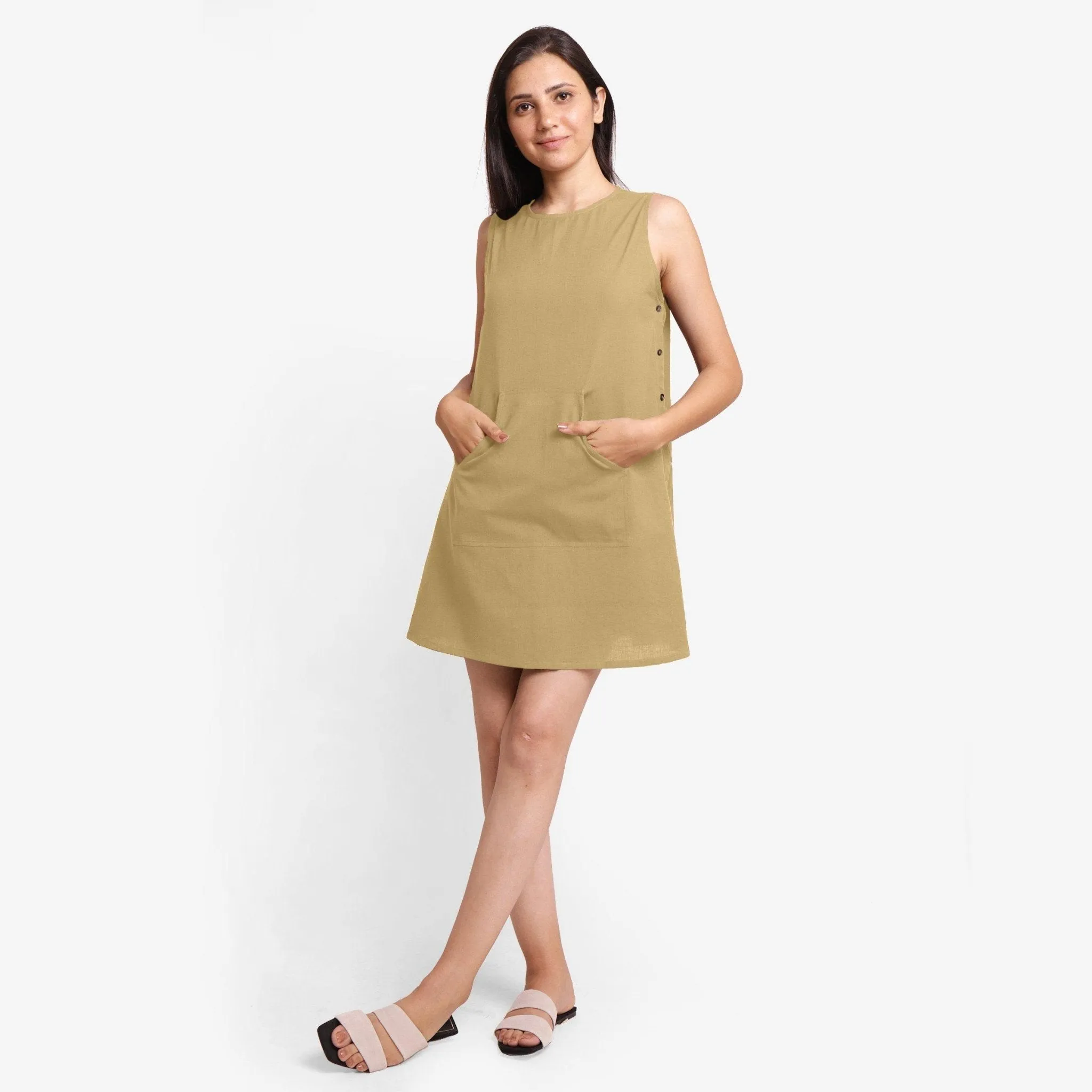Light Khaki Cotton Flax Sleeveless Mini Dress