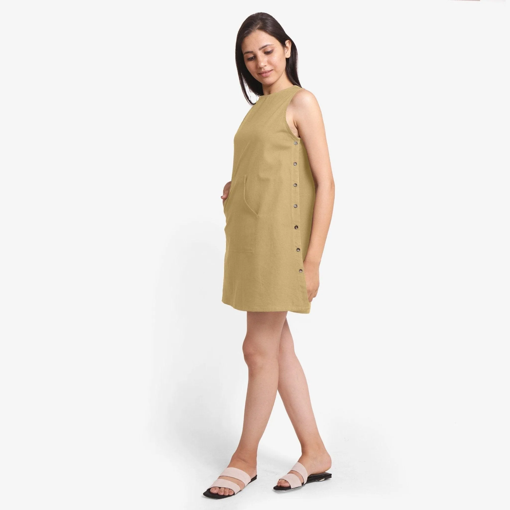 Light Khaki Cotton Flax Sleeveless Mini Dress