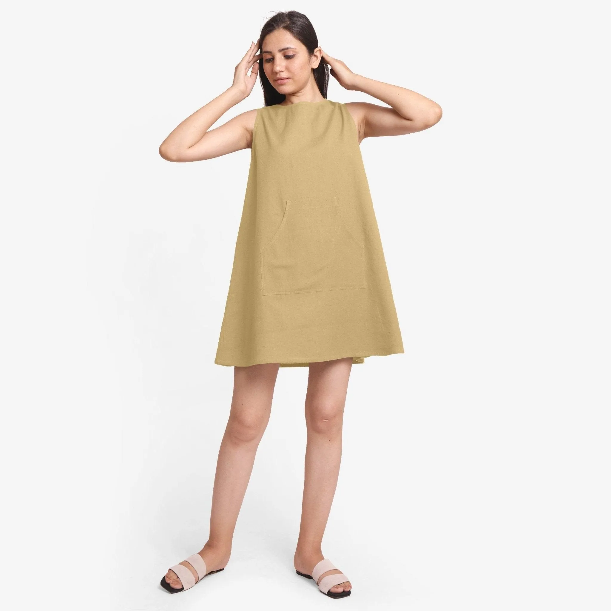 Light Khaki Cotton Flax Sleeveless Mini Dress