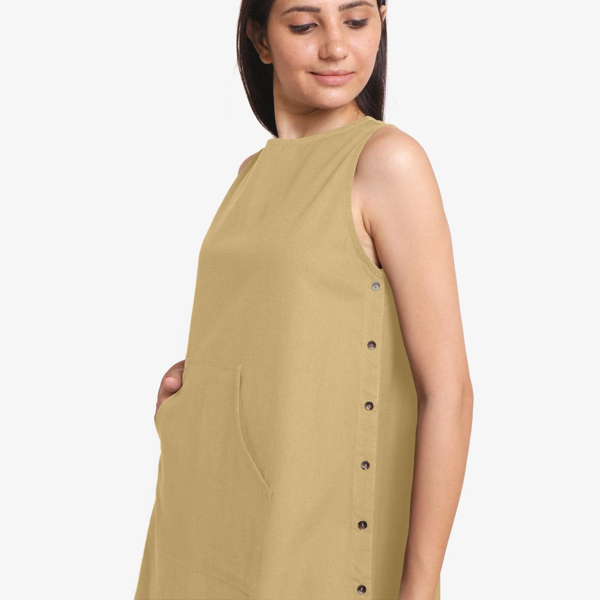Light Khaki Cotton Flax Sleeveless Mini Dress