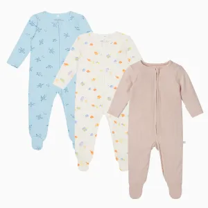 Little Fish, Turtles & Ribbed Clever Zip Baby Pajamas 3 Pack