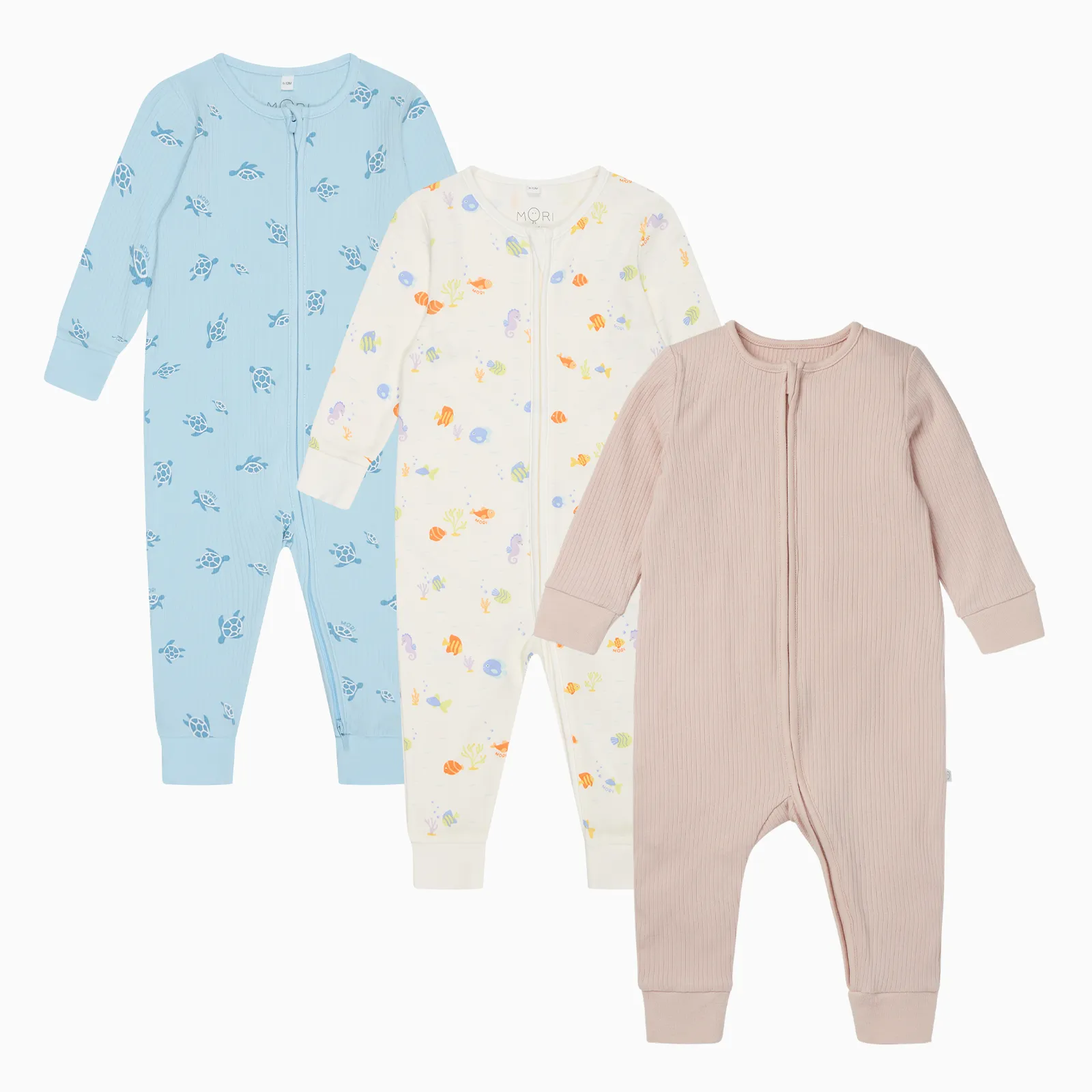 Little Fish, Turtles & Ribbed Clever Zip Baby Pajamas 3 Pack