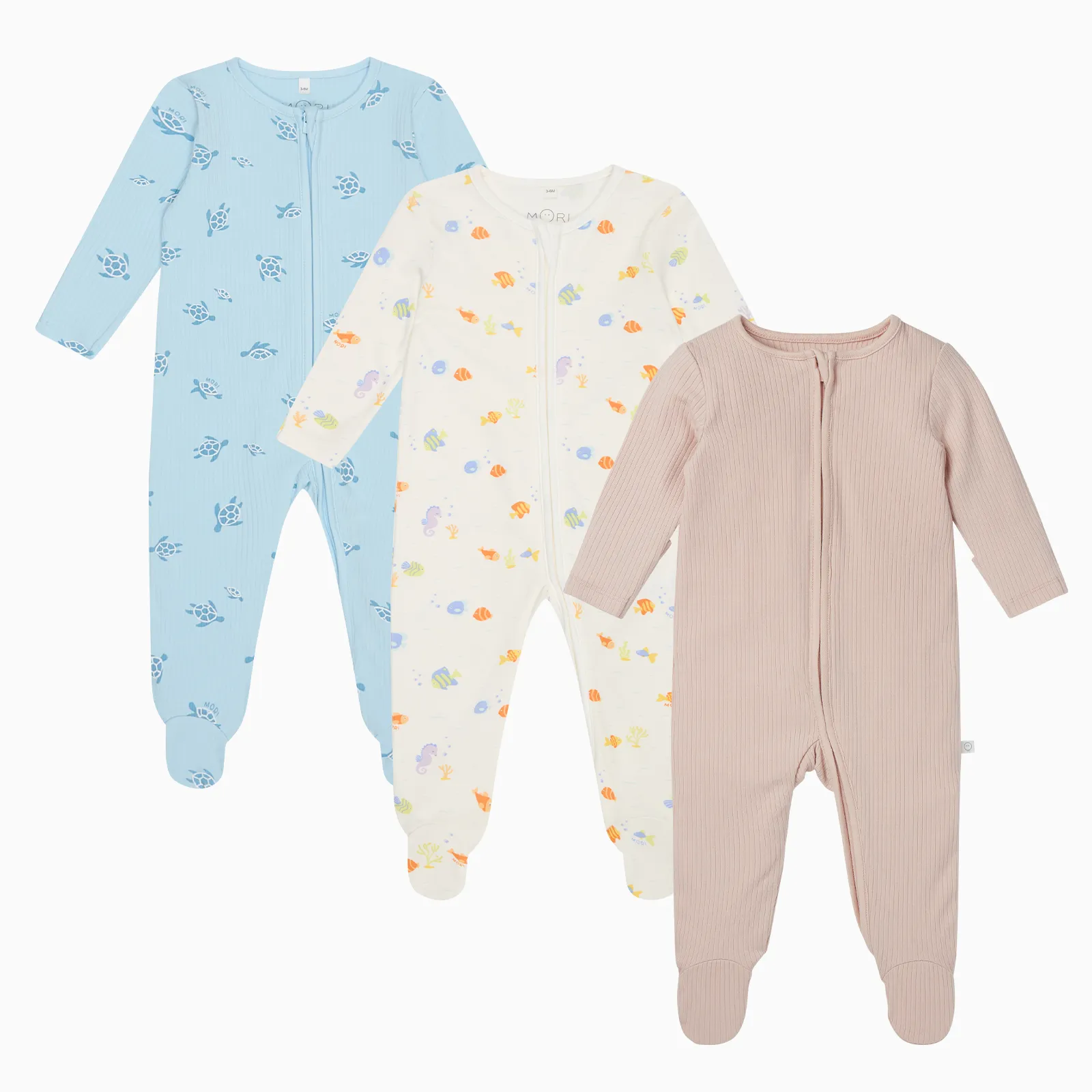 Little Fish, Turtles & Ribbed Clever Zip Baby Pajamas 3 Pack