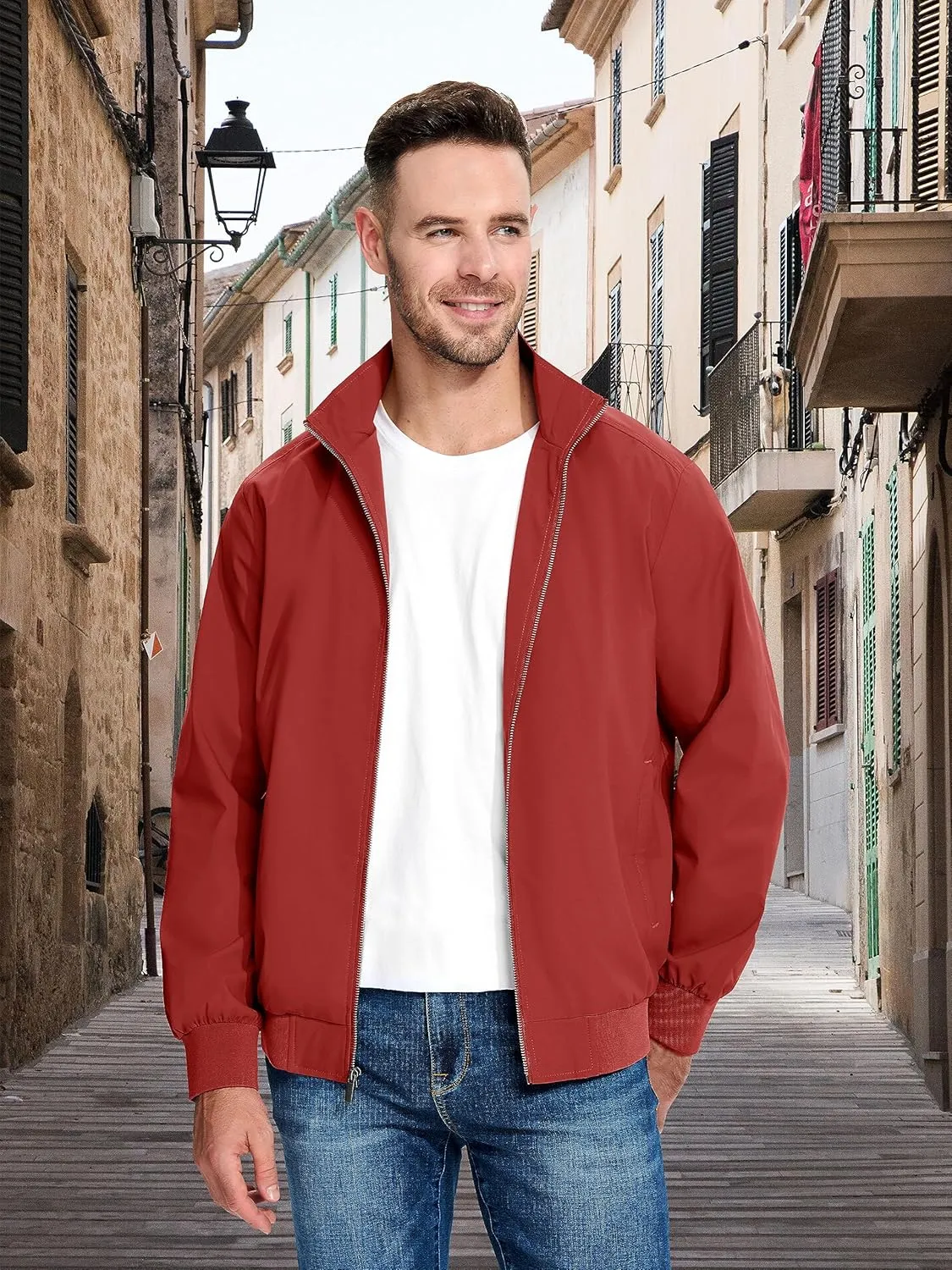 MAGCOMSEN Men's Lightweight Bomber Jacket Windproof Water Resistant Zip Up Coat Stand Up Collar Windbreaker with 3 Pockets