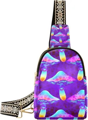 Magic Mushrooms Small Sling Bag for Women,Leather Fanny Pack,Crossbody Waist Bag With Adjustable Guitar Strap