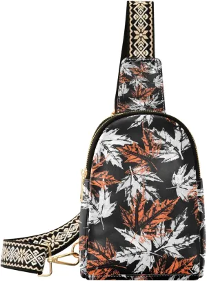 Maple Leaves Small Sling Bag for Women,Leather Fanny Pack,Crossbody Waist Bag With Adjustable Guitar Strap