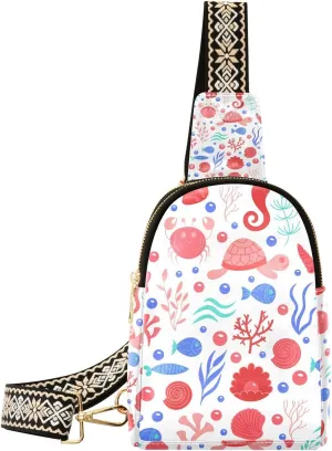 Marine Organism Small Sling Bag for Women,Leather Fanny Pack,Crossbody Waist Bag With Adjustable Guitar Strap