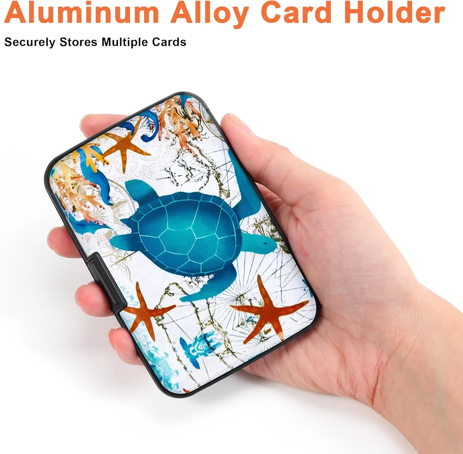 Mayski Credit Card Holder, RFID Blocking, Aluminum Alloy Hard Case, Small Mini Business Metal Wallet for Women Men, Sea Turtle