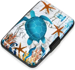 Mayski Credit Card Holder, RFID Blocking, Aluminum Alloy Hard Case, Small Mini Business Metal Wallet for Women Men, Sea Turtle