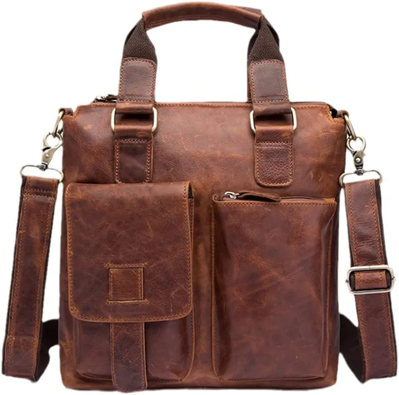 Men Leather Retro Business Briefcase Casual 12" Laptop Travel Bag Tote Attache Messenger Bag