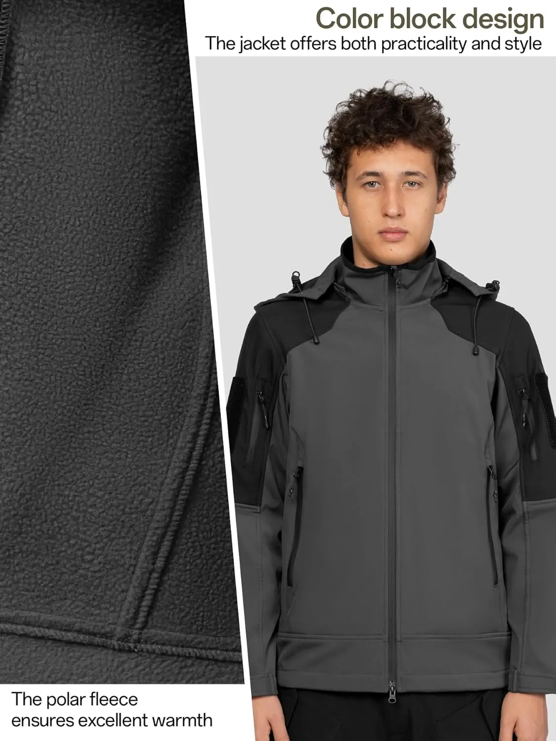 Men's Hooded Softshell Jacket Waterproof Tactical Rain Jackets Breathable Windbreaker with Fleece Lining