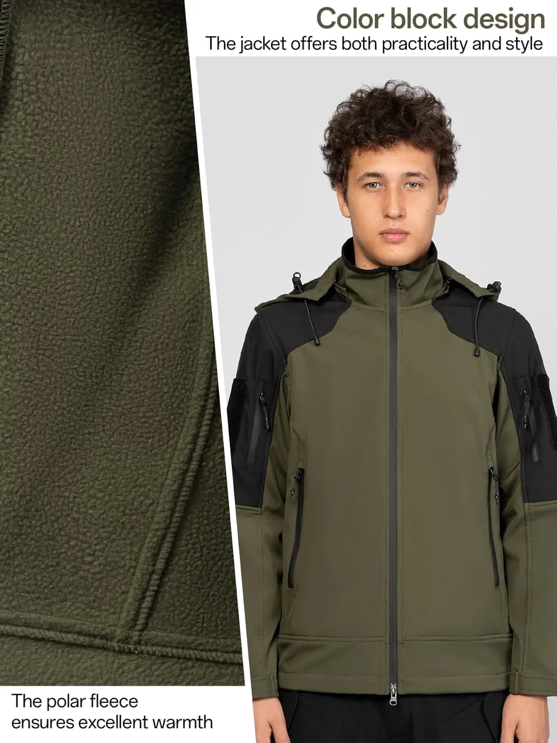 Men's Hooded Softshell Jacket Waterproof Tactical Rain Jackets Breathable Windbreaker with Fleece Lining