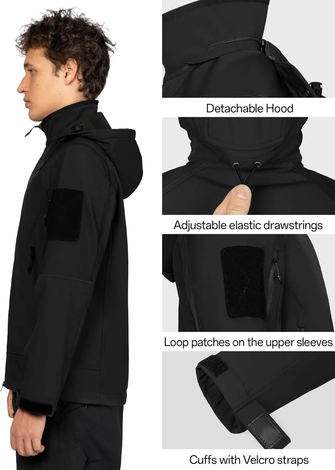Men's Hooded Softshell Jacket Waterproof Tactical Rain Jackets Breathable Windbreaker with Fleece Lining