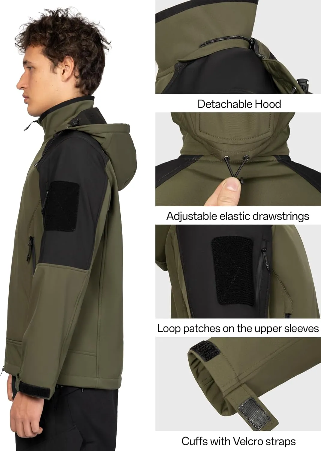 Men's Hooded Softshell Jacket Waterproof Tactical Rain Jackets Breathable Windbreaker with Fleece Lining