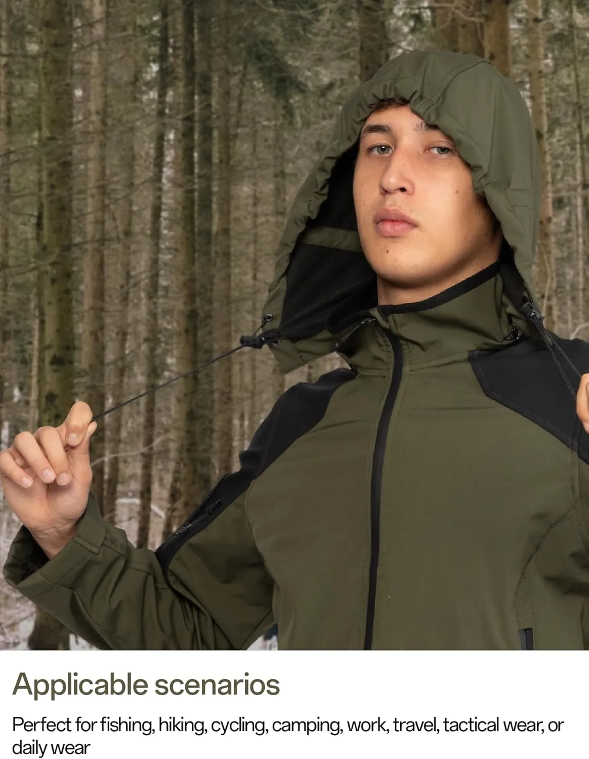 Men's Hooded Softshell Jacket Waterproof Tactical Rain Jackets Breathable Windbreaker with Fleece Lining
