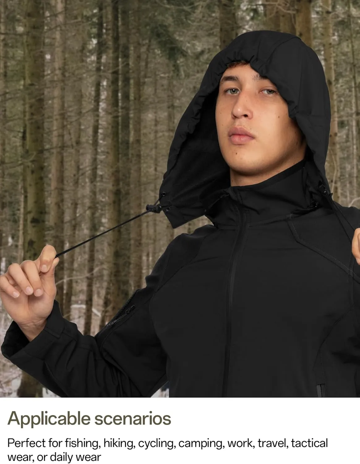 Men's Hooded Softshell Jacket Waterproof Tactical Rain Jackets Breathable Windbreaker with Fleece Lining