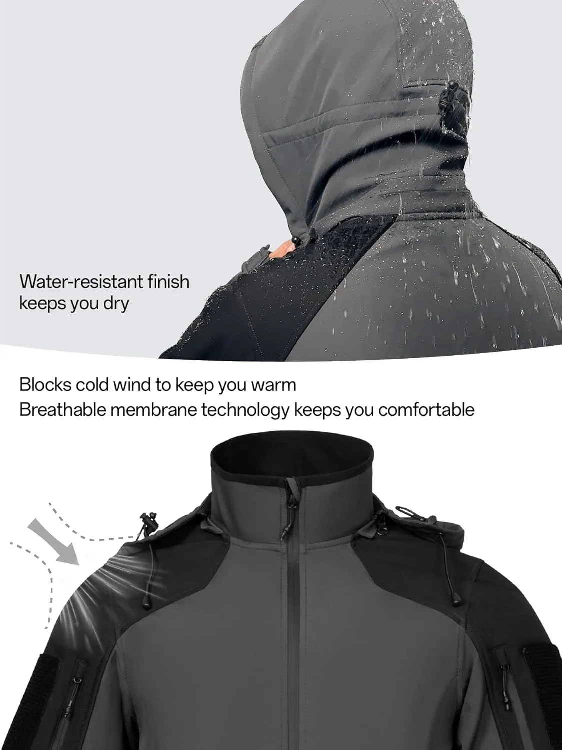 Men's Hooded Softshell Jacket Waterproof Tactical Rain Jackets Breathable Windbreaker with Fleece Lining
