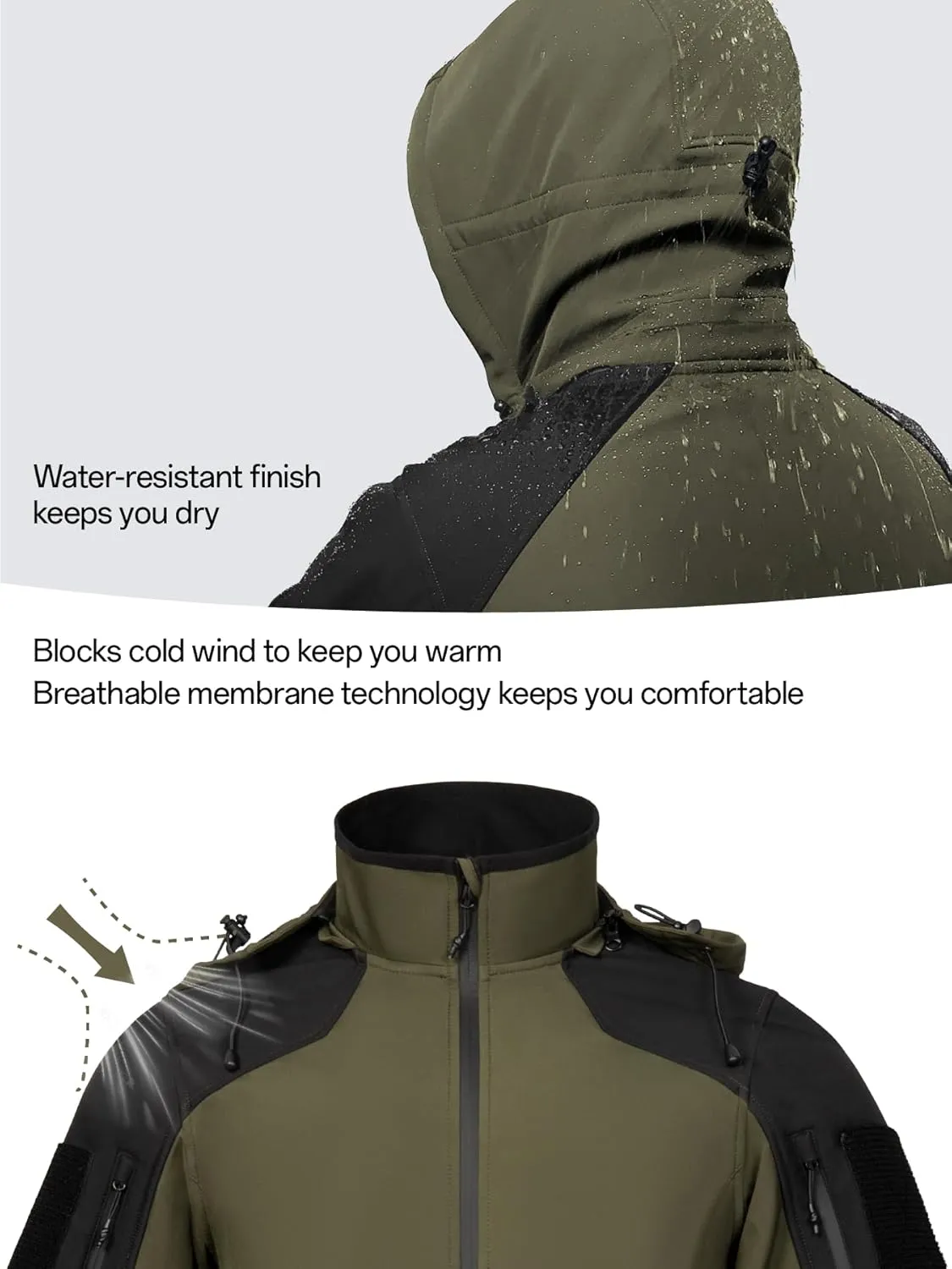 Men's Hooded Softshell Jacket Waterproof Tactical Rain Jackets Breathable Windbreaker with Fleece Lining