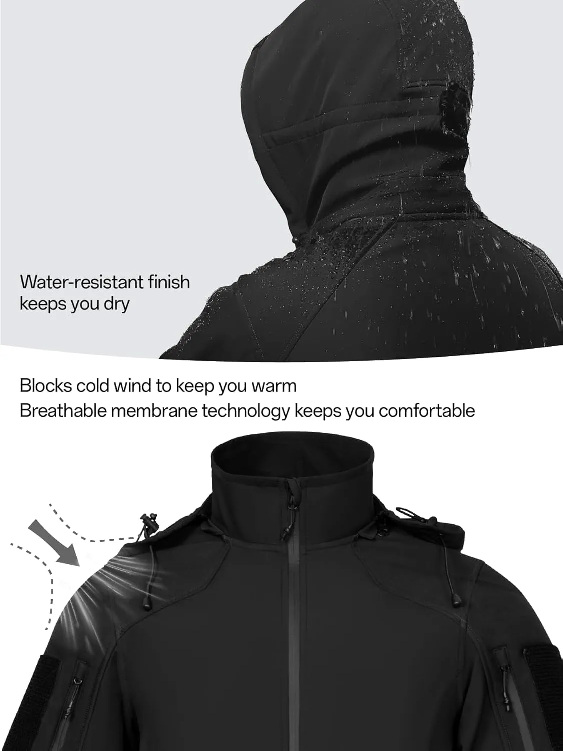Men's Hooded Softshell Jacket Waterproof Tactical Rain Jackets Breathable Windbreaker with Fleece Lining