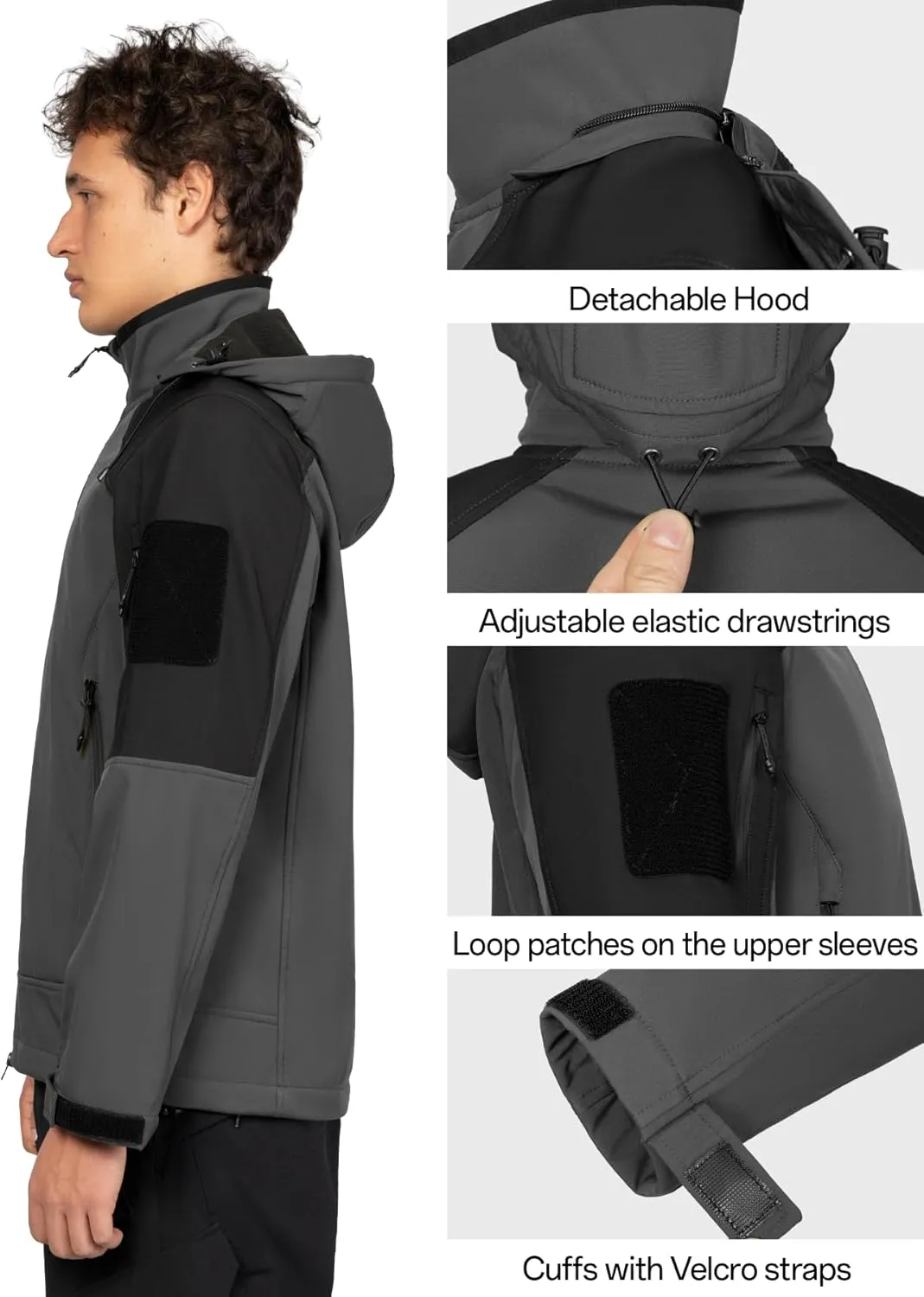 Men's Hooded Softshell Jacket Waterproof Tactical Rain Jackets Breathable Windbreaker with Fleece Lining