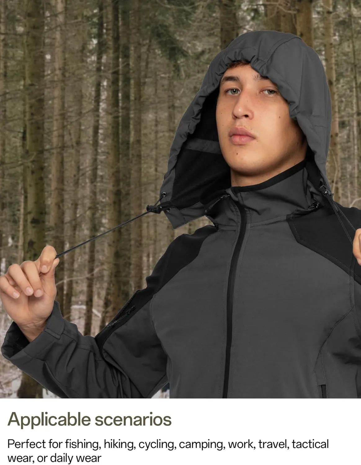 Men's Hooded Softshell Jacket Waterproof Tactical Rain Jackets Breathable Windbreaker with Fleece Lining